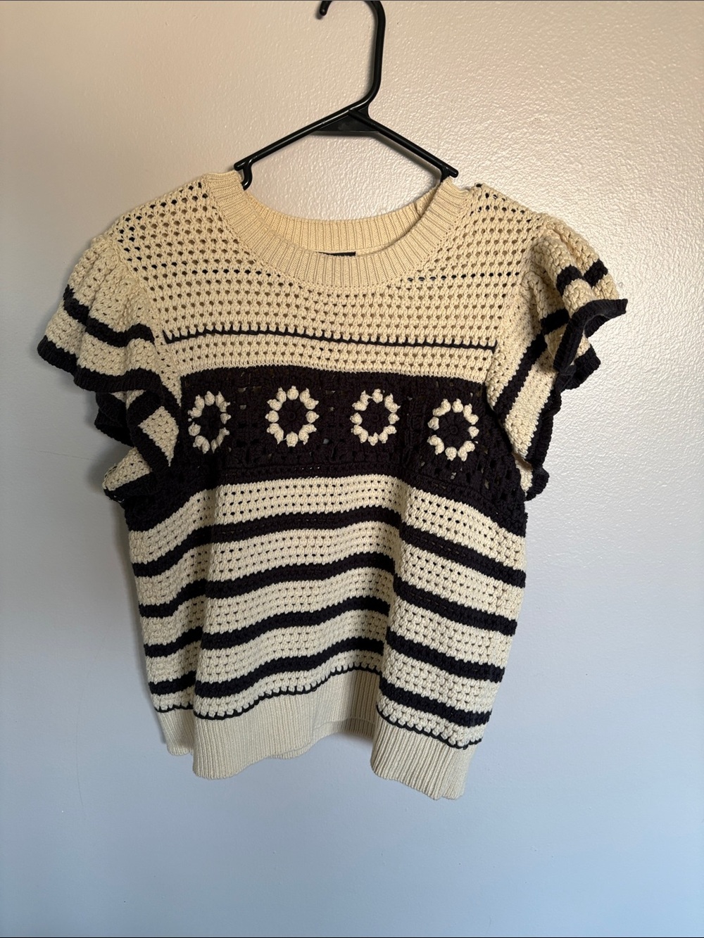 Rails Cream & Black Crochet Stripe Ruffle Sleeve Sweater